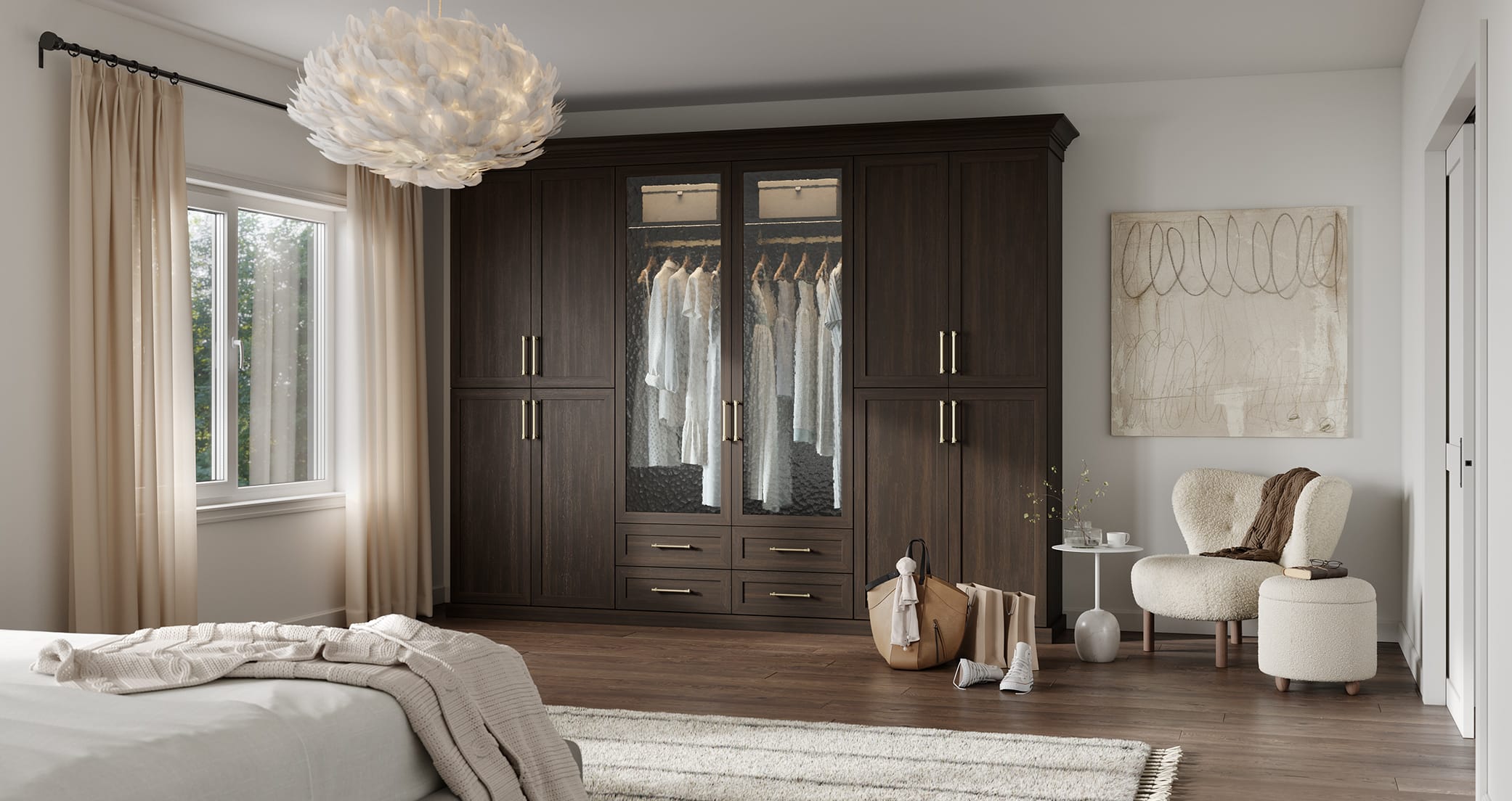 Custom wardrobe closet design in dark wood grain finish with glass doors and metal hardware by California Closets
