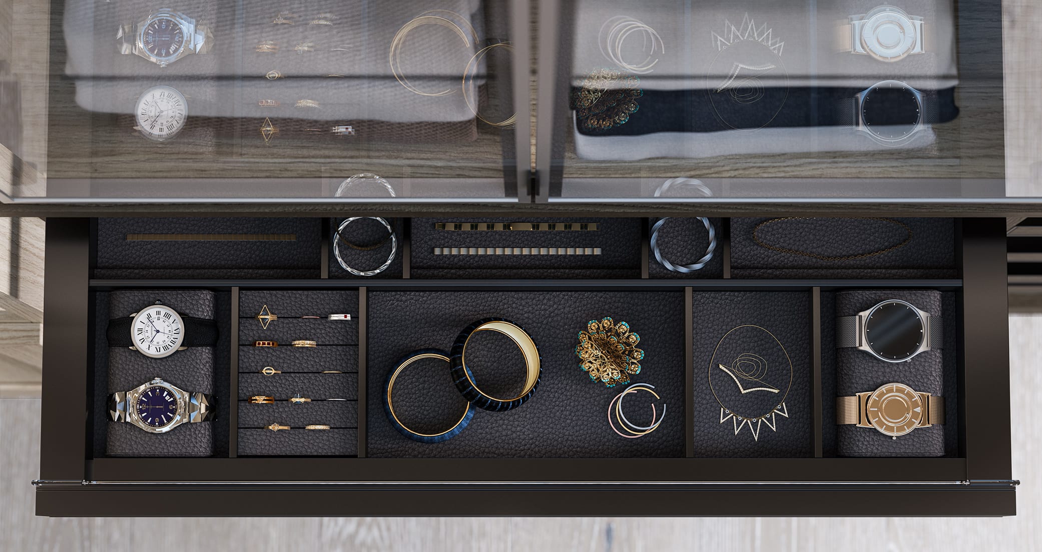 Padded jewelry drawer organizer for rings watches, and other accessories by California Closets