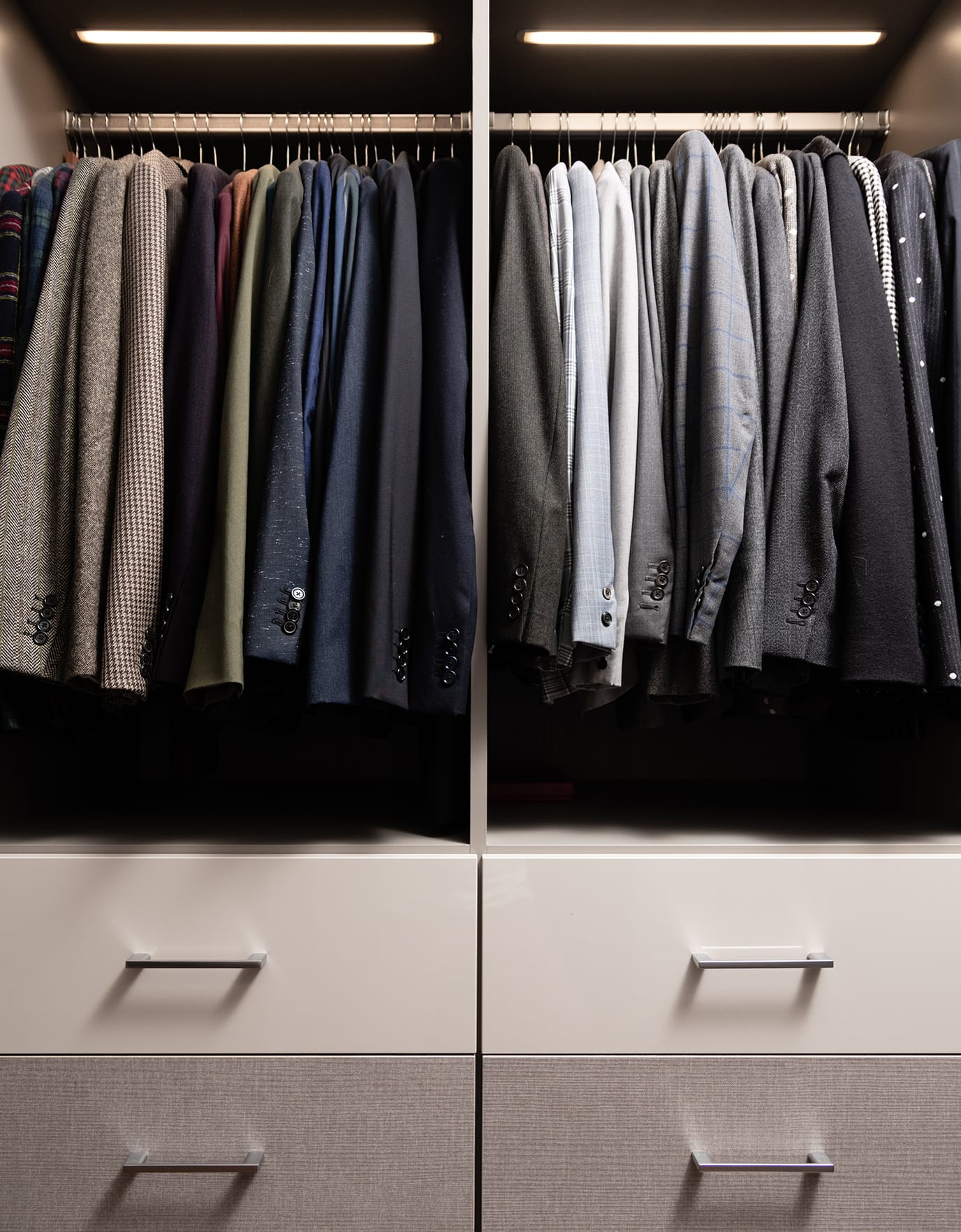 Brad Goreski's closet details with dresser and lighted hanging wardrobe by California Closets