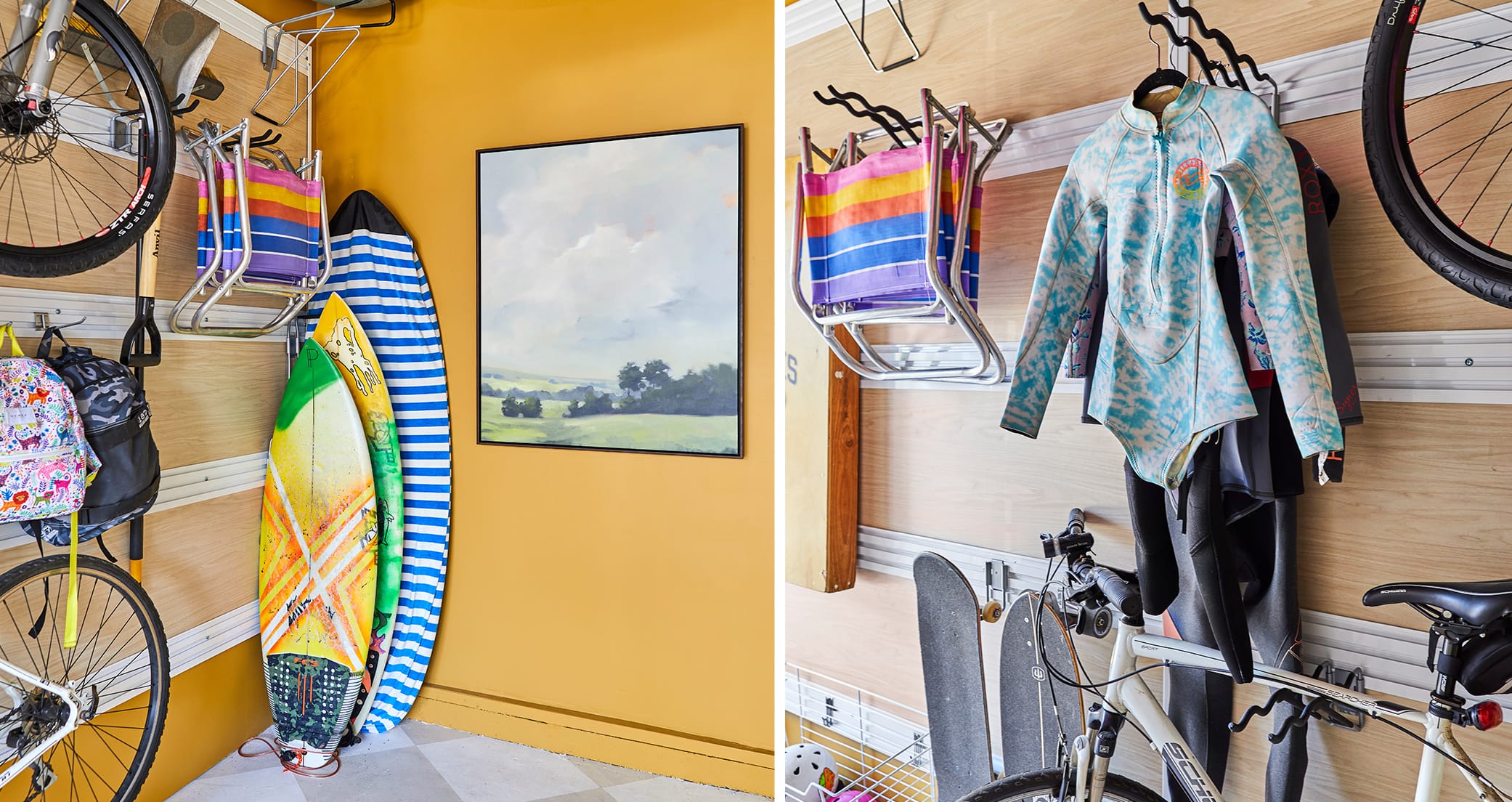 Custom yellow storage room with outdoor accessories created for the garage by California Closets