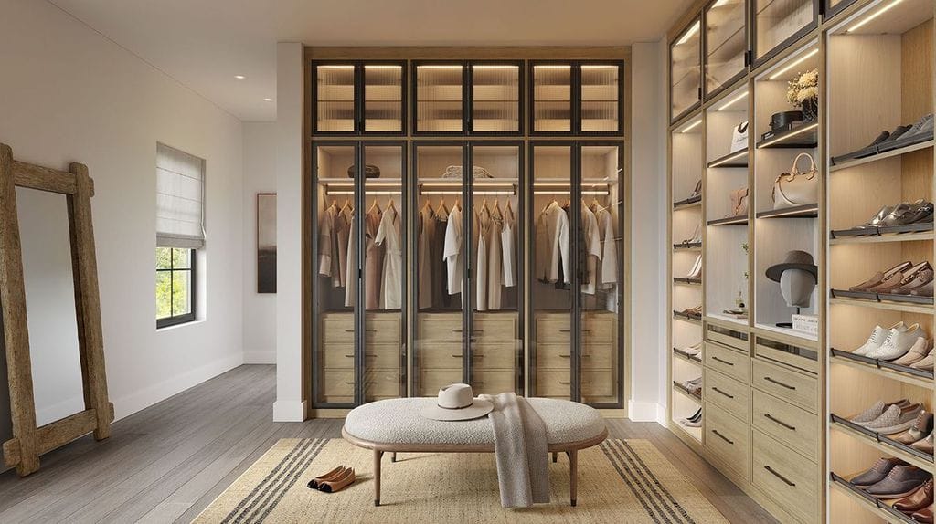 Closet to dream of with all custom features, shoe racks, open shelving and natural finish by California Closets