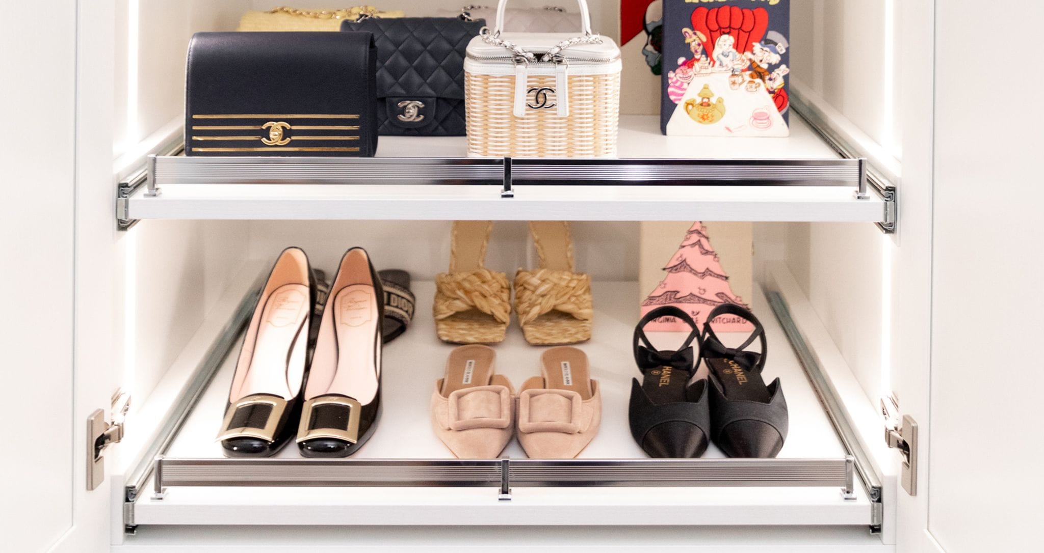 Shoe rack and shelf for purses in a walk in closet for Jacey Dupree by California Closets
