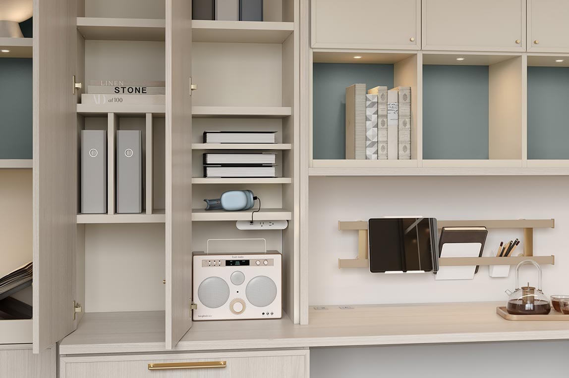 Built in custom desk with cabinets and shelf dividers for home office custom made by California Closets