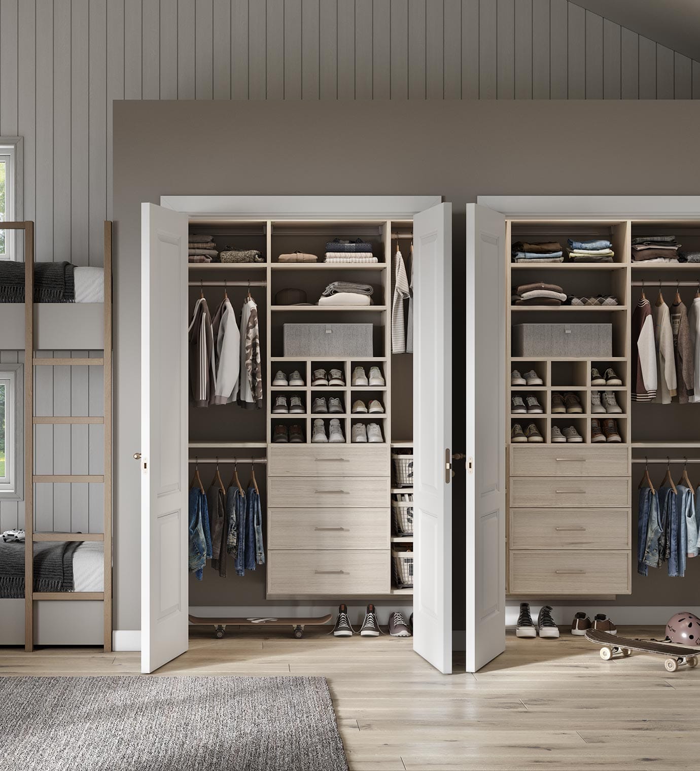 Kids custom reach in closet side by side with built-in drawers, and hanging rods created by California Closets.