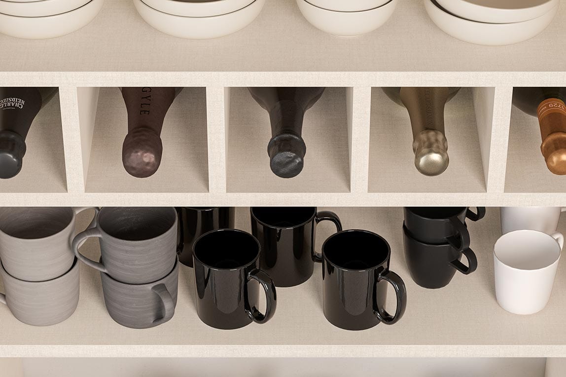 Kitchen pantry with cubbies for wine storage and above shelving made by California Closets