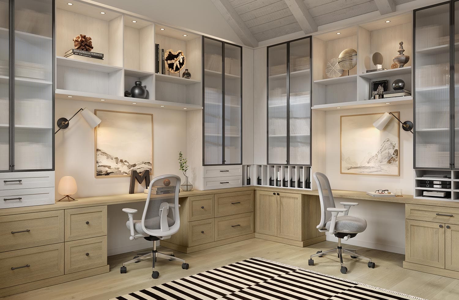 Work stations for the a large home office designed with vertical shelving, custom cabinets and desks by California Closets