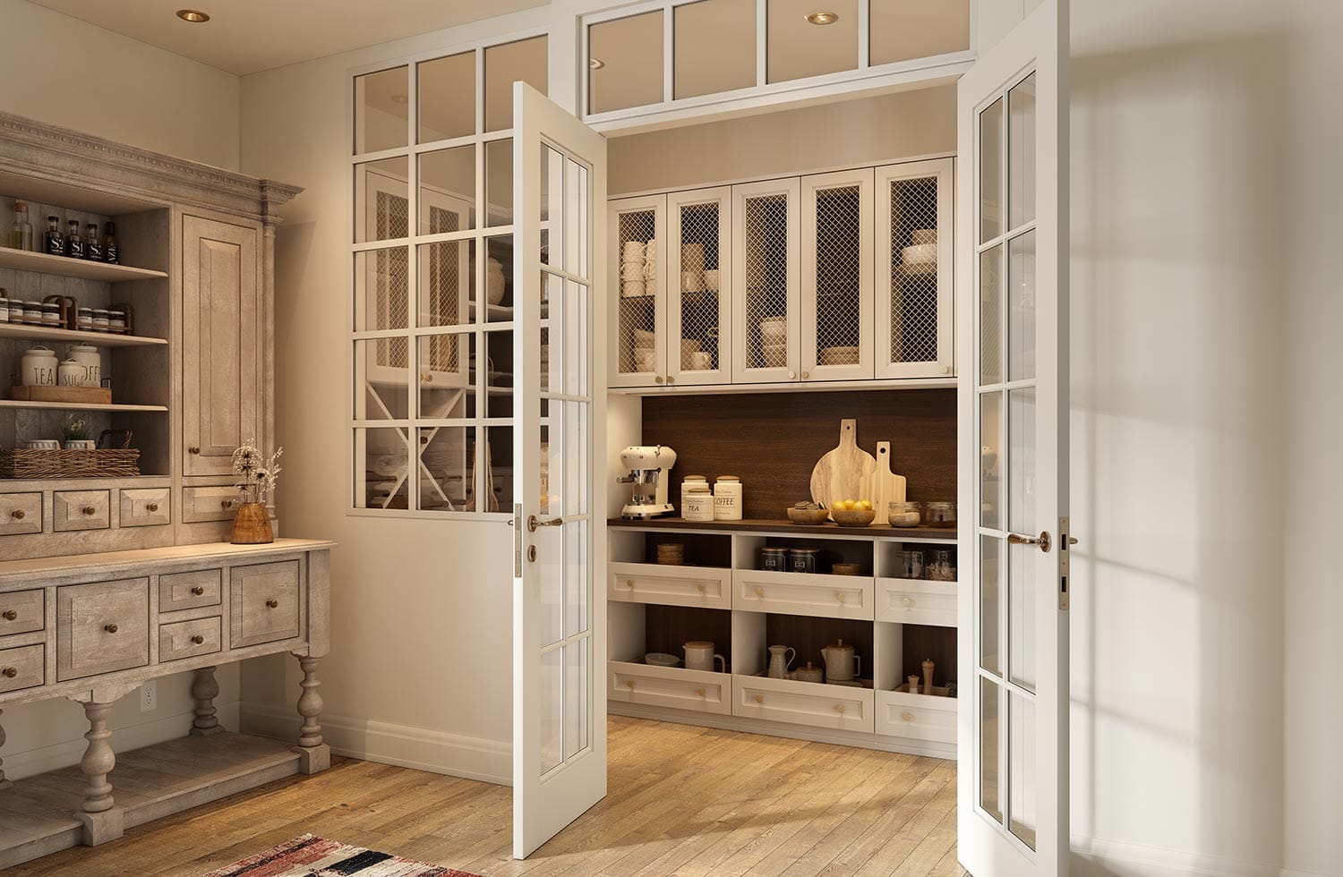 Walk in pantry ideas with glass cabinet doors and custom drawers designed by California Closets