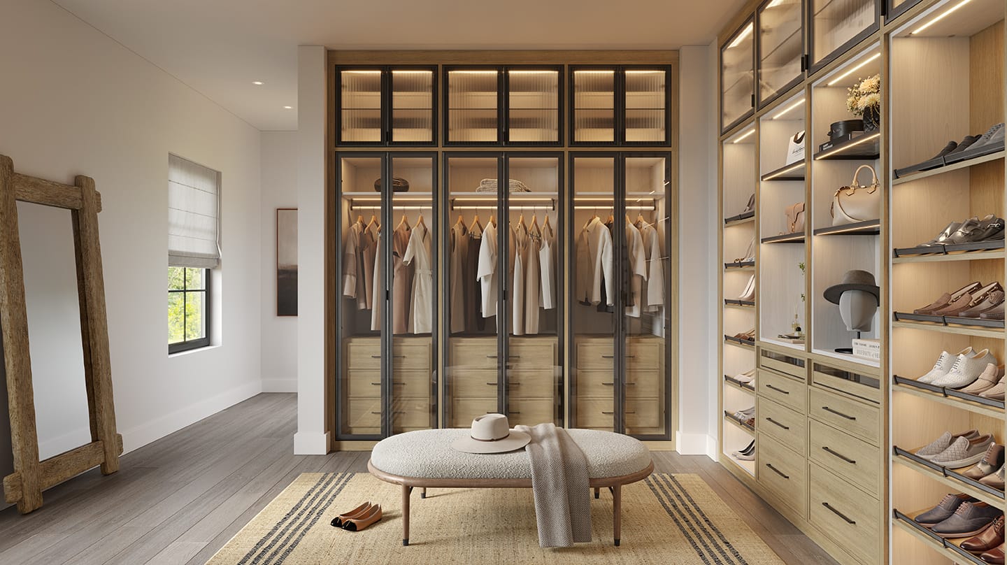 Luxury California Closets wardrobe display at exhibition showcasing custom storage solutions.