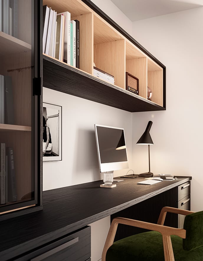 Expansive entertainment wall with red niches, walnut cabinetry, and built-in bar by California Closets.