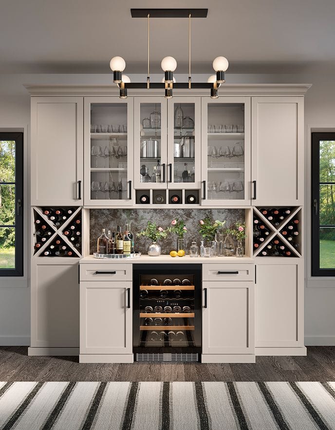 Custom pantry designed for the holidays with wine bar and seasonal dinnerware from California Closets