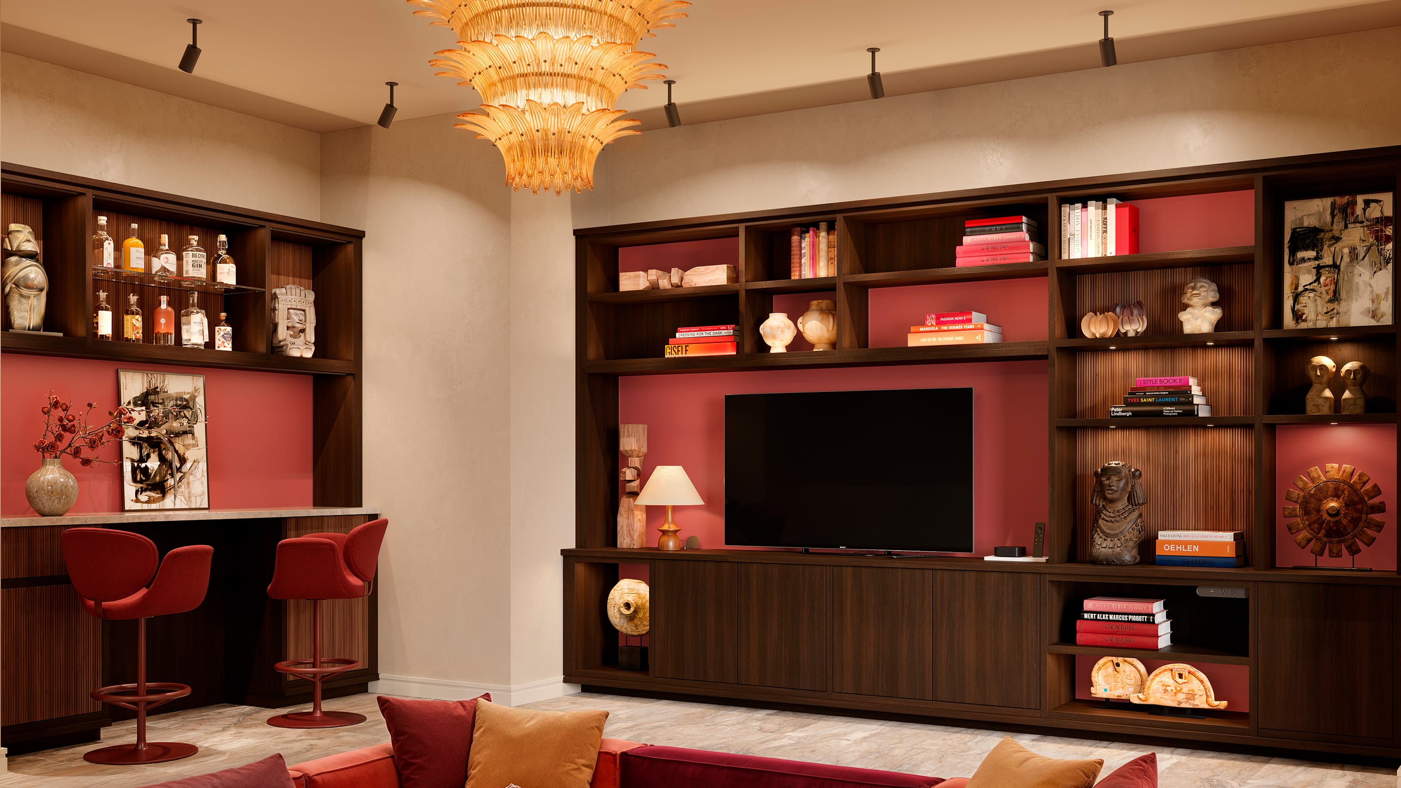 Storage shelving cabinets for Entertainment Center designed in dark wood finish by California Closets