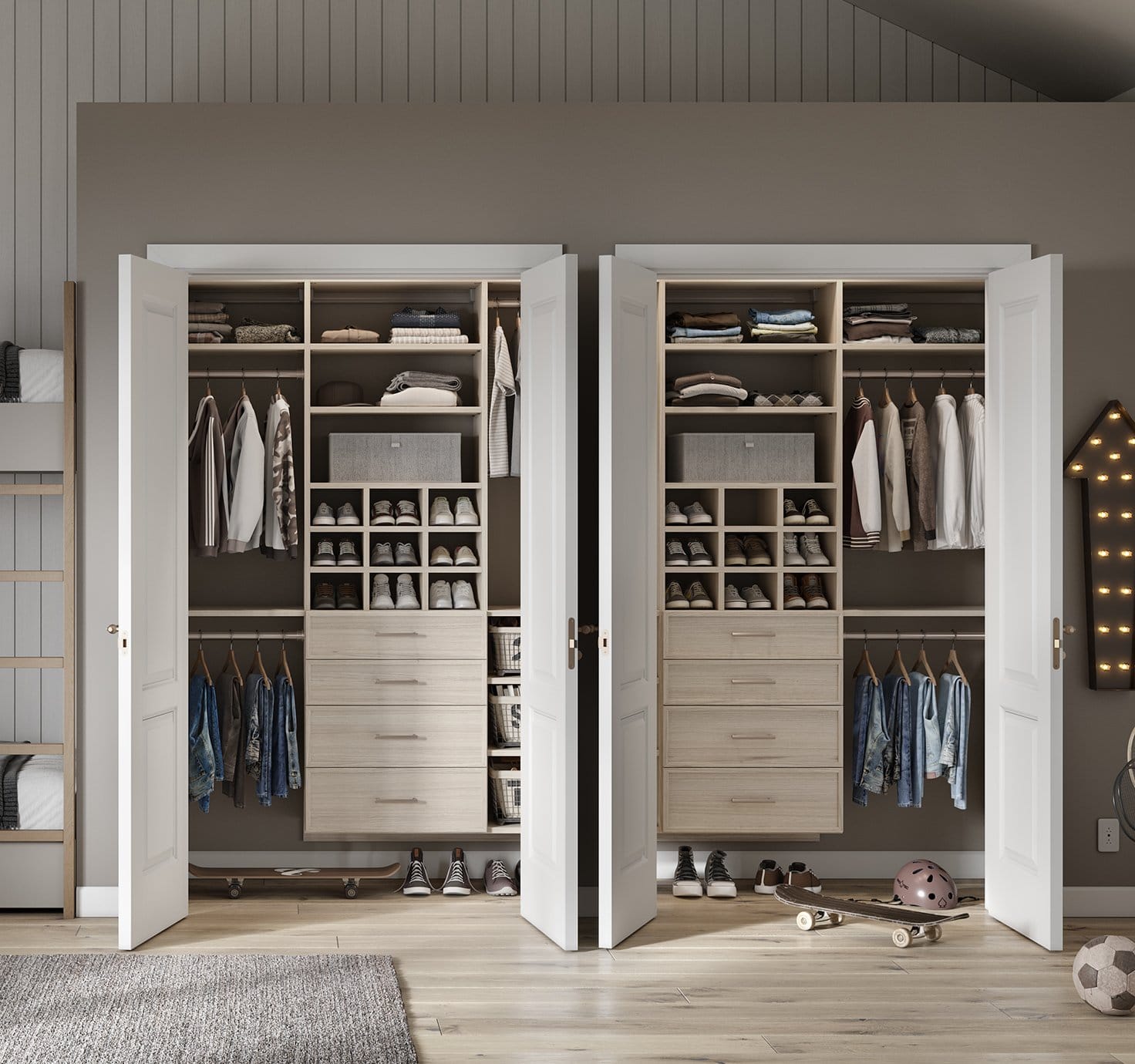 Custom twin style double reach in closets in a custom light finish by California Closets