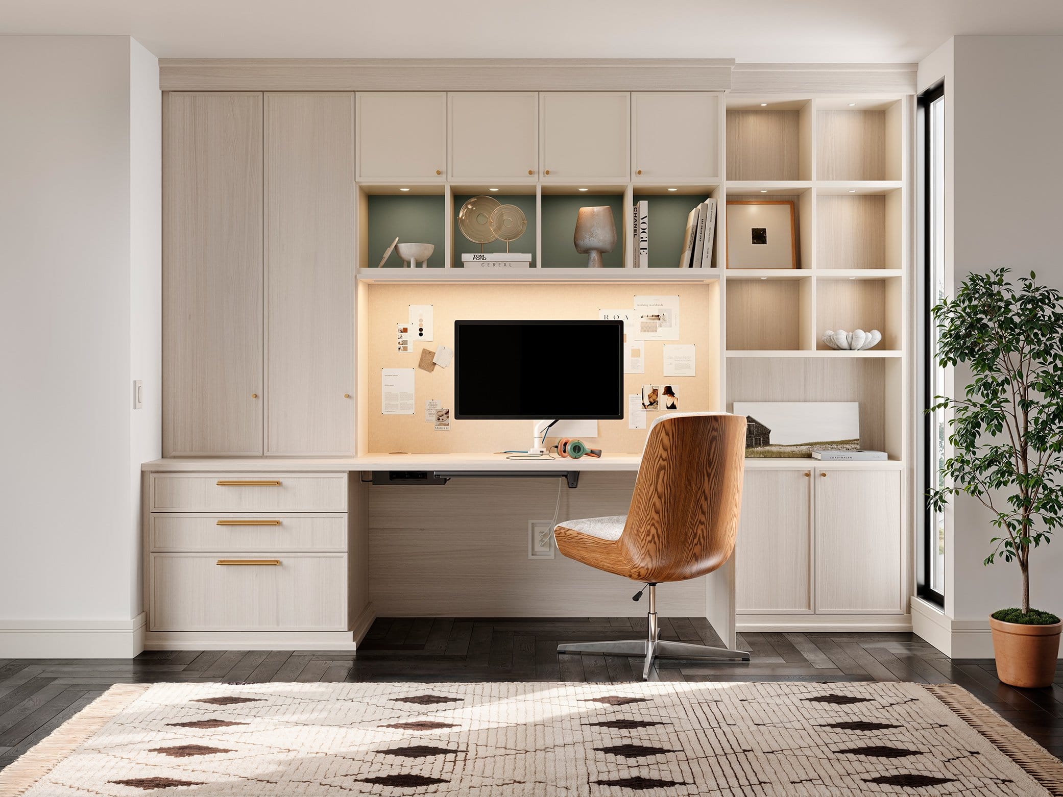 Home office custom built with custom designed shelving storage options and desk area by California Closets