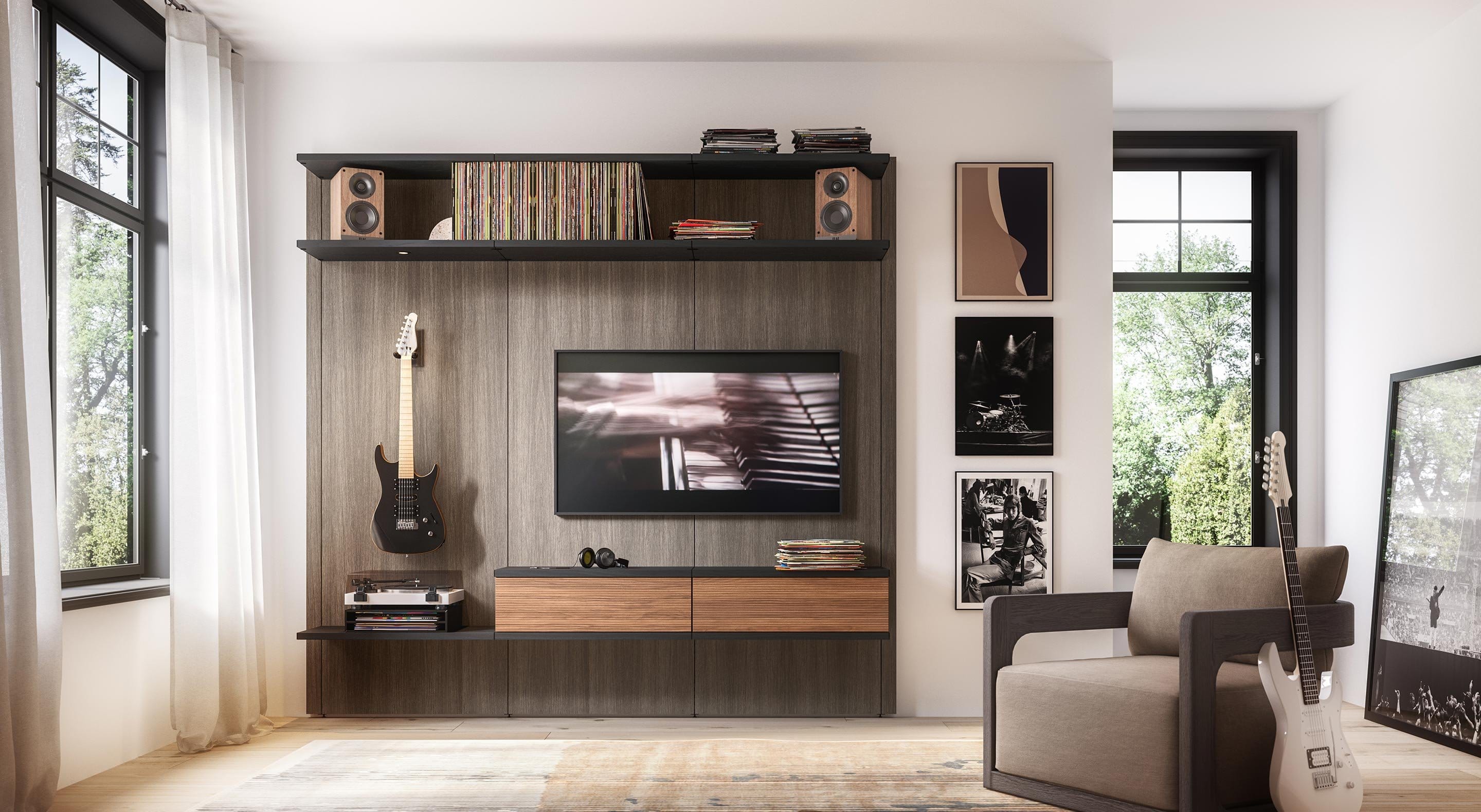 Media center designed in Pacific Northwest theme in natural wood finish from California Closets